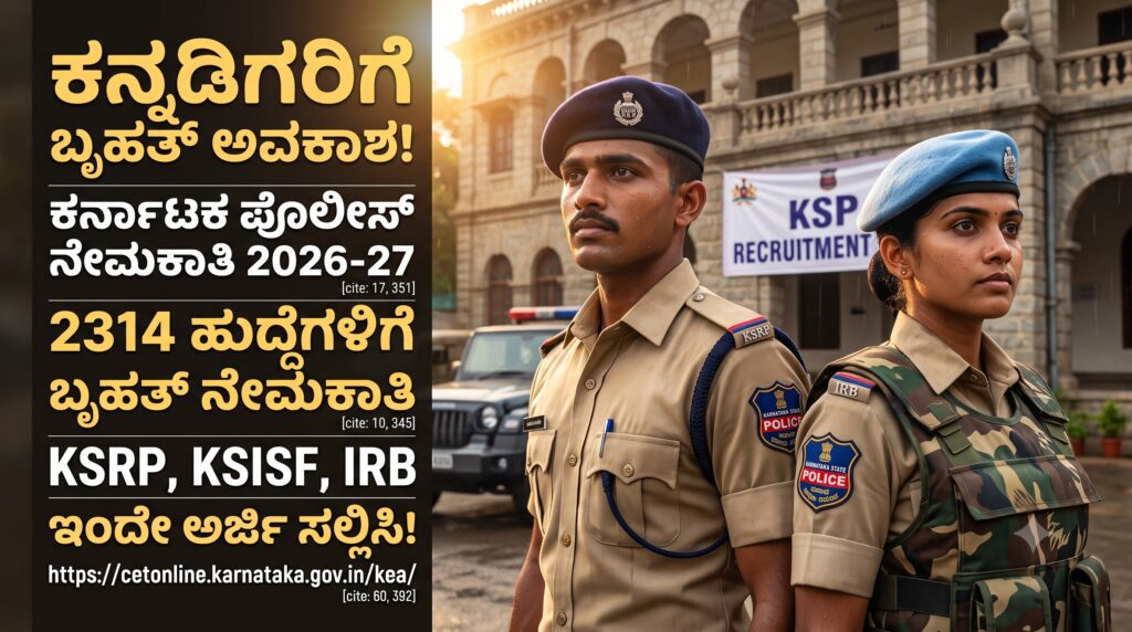 KSP Recruitment 2026: ಪೊಲೀಸ್ ಇಲಾಖೆಯಲ್ಲಿ 2314 ಕಾನ್ಸ್ಟೇಬಲ್ ಹುದ್ದೆಗಳಿಗೆ ಬೃಹತ್ ನೇಮಕಾತಿ – ಇಂದೇ ಅರ್ಜಿ ಸಲ್ಲಿಸಿ! KSP KSRP Constable Jobs 2026