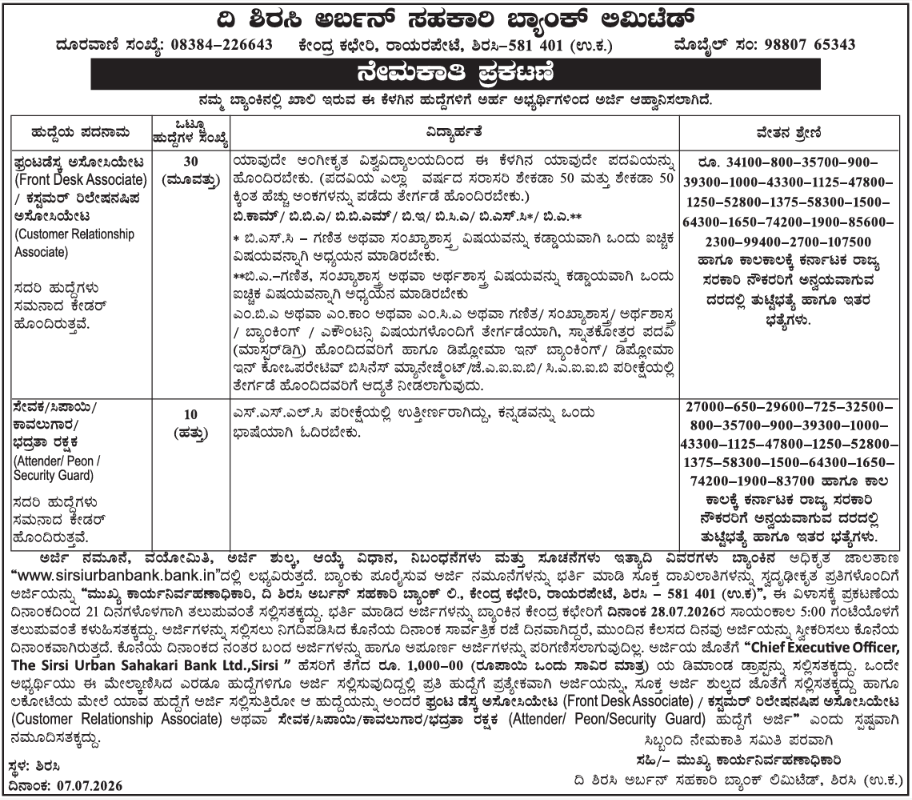 Sirsi Urban Sahakari Bank Recruitment 2026